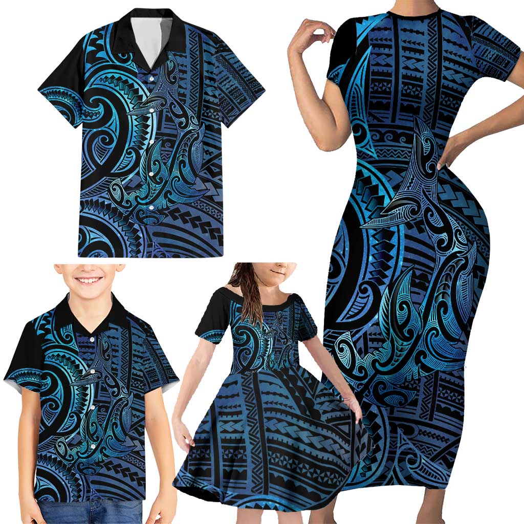 New Zealand Hammerhead Shark Family Matching Short Sleeve Bodycon Dress and Hawaiian Shirt Maori Haehae Mangopare Galaxy LT14 - Polynesian Pride