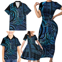 New Zealand Hammerhead Shark Family Matching Short Sleeve Bodycon Dress and Hawaiian Shirt Maori Haehae Mangopare Galaxy LT14 - Polynesian Pride
