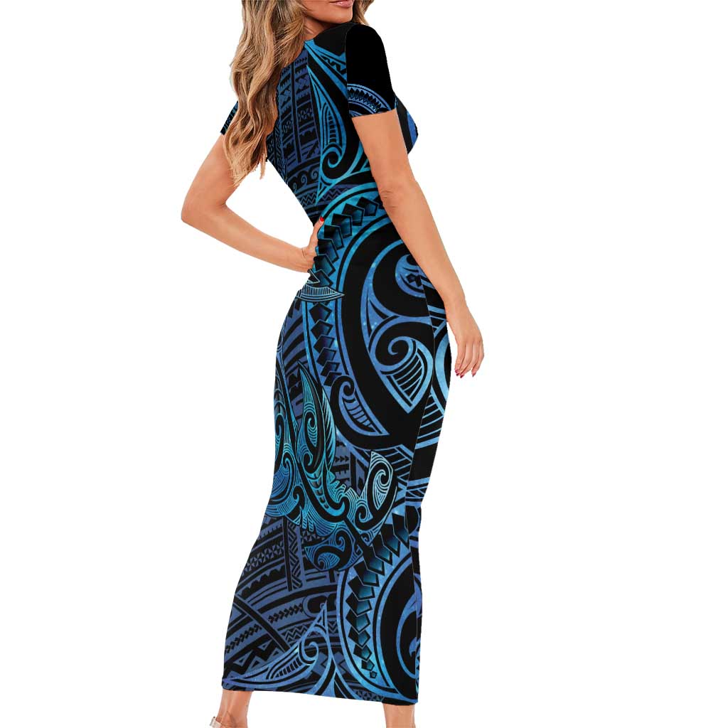 New Zealand Hammerhead Shark Family Matching Short Sleeve Bodycon Dress and Hawaiian Shirt Maori Haehae Mangopare Galaxy LT14 - Polynesian Pride