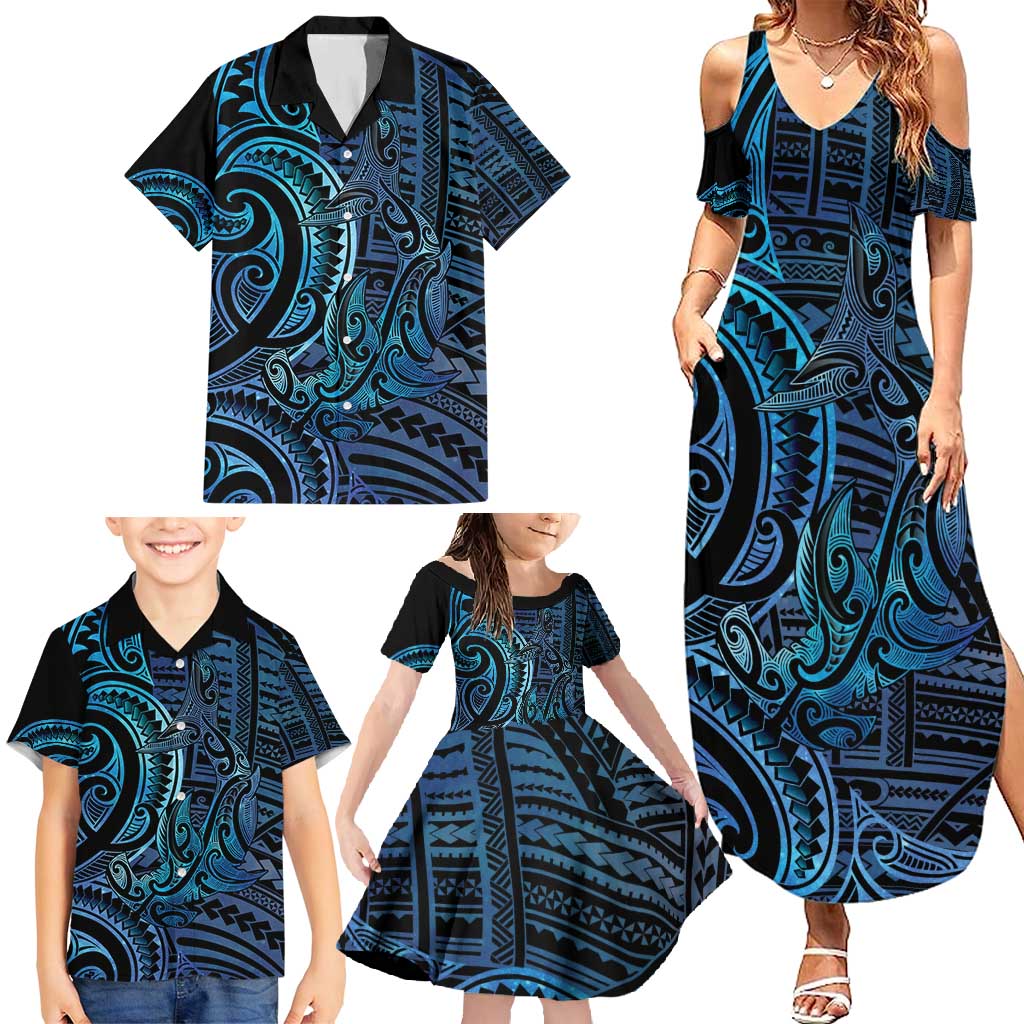 New Zealand Hammerhead Shark Family Matching Summer Maxi Dress and Hawaiian Shirt Maori Haehae Mangopare Galaxy LT14 - Polynesian Pride