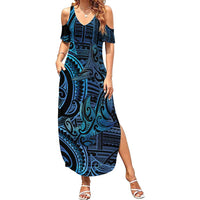 New Zealand Hammerhead Shark Family Matching Summer Maxi Dress and Hawaiian Shirt Maori Haehae Mangopare Galaxy LT14 Mom's Dress Blue - Polynesian Pride