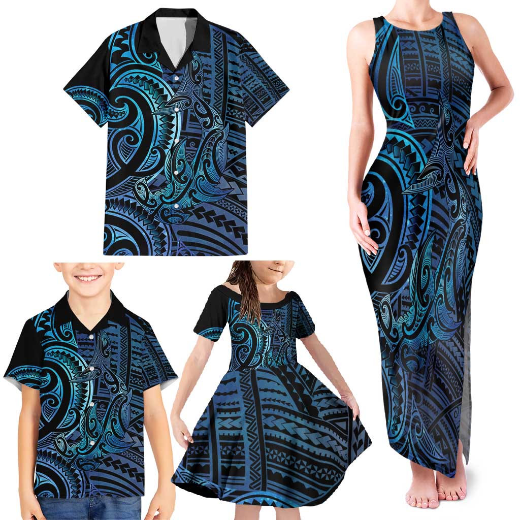 New Zealand Hammerhead Shark Family Matching Tank Maxi Dress and Hawaiian Shirt Maori Haehae Mangopare Galaxy LT14 - Polynesian Pride