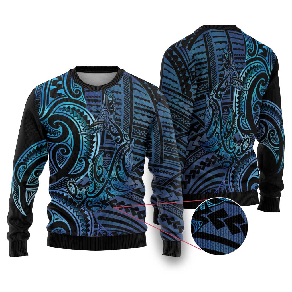 New Zealand Hammerhead Shark Ugly Christmas Sweater Maori Haehae Mangopare Galaxy - Polynesian Pride