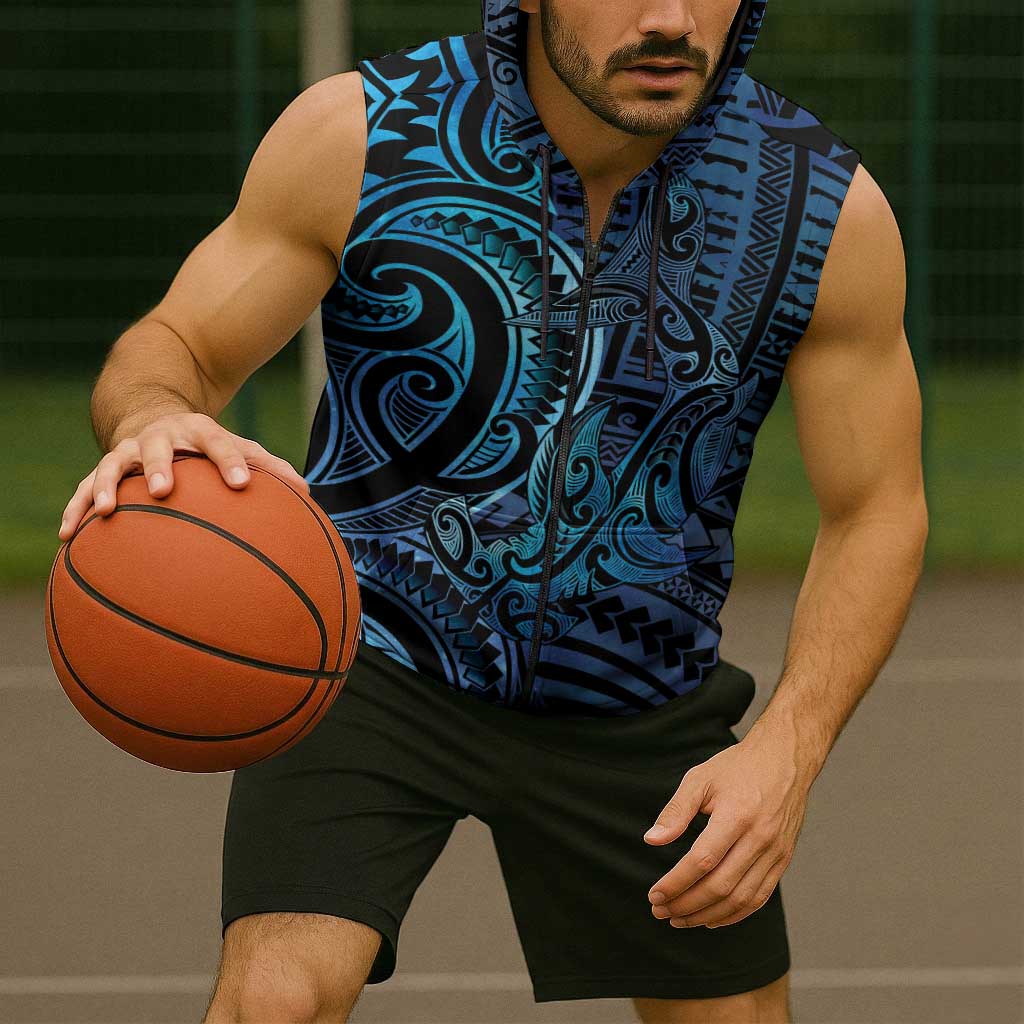 New Zealand Hammerhead Shark Sleeveless Zip Hoodie Maori Haehae Mangopare Galaxy - Polynesian Pride