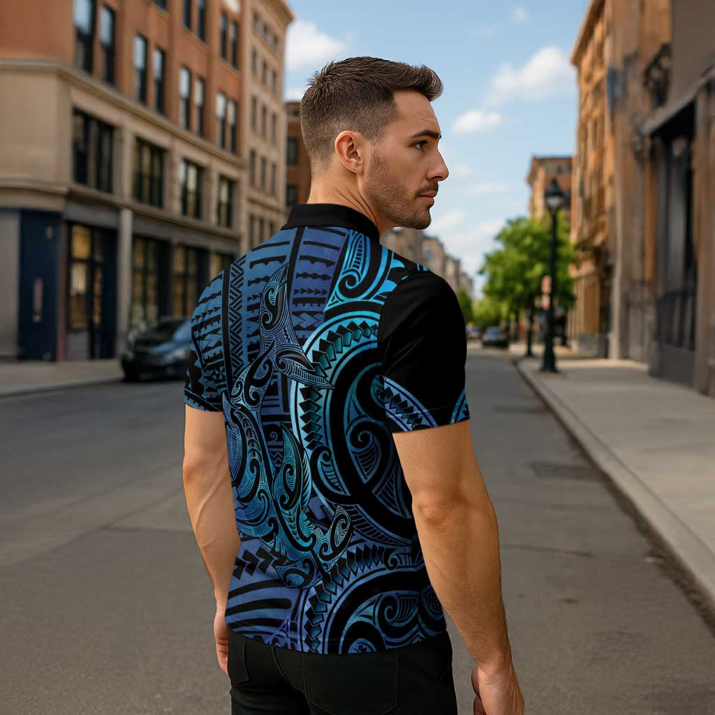 New Zealand Hammerhead Shark Zipper Polo Shirt Maori Haehae Mangopare Galaxy - Polynesian Pride