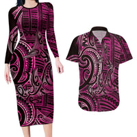 New Zealand Hammerhead Shark Couples Matching Long Sleeve Bodycon Dress and Hawaiian Shirt Maori Haehae Mangopare Pink LT14 Pink - Polynesian Pride