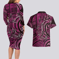 New Zealand Hammerhead Shark Couples Matching Long Sleeve Bodycon Dress and Hawaiian Shirt Maori Haehae Mangopare Pink LT14 - Polynesian Pride
