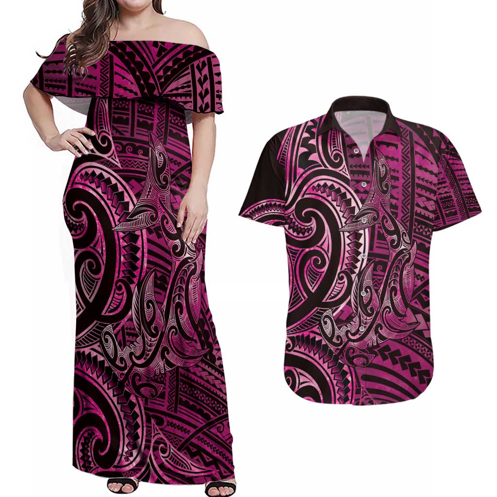 New Zealand Hammerhead Shark Couples Matching Off Shoulder Maxi Dress and Hawaiian Shirt Maori Haehae Mangopare Pink LT14 Pink - Polynesian Pride