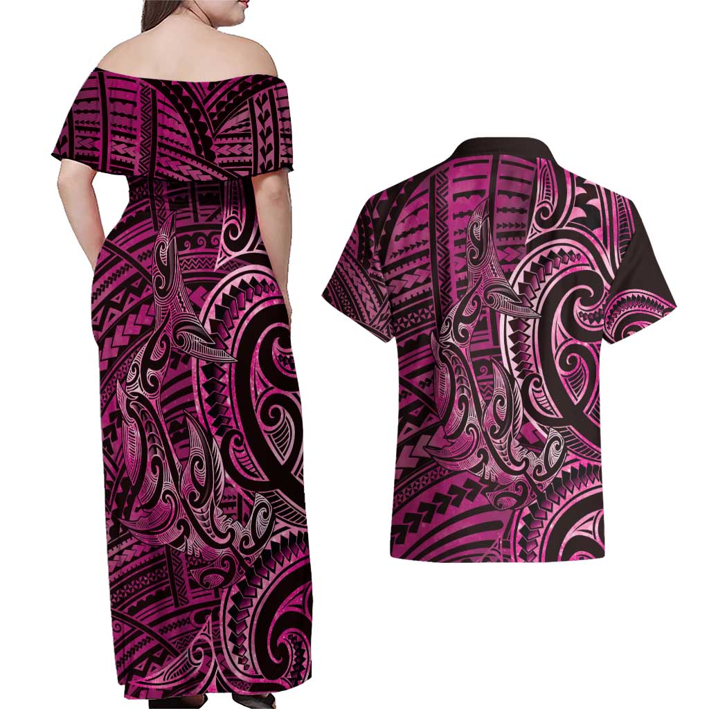 New Zealand Hammerhead Shark Couples Matching Off Shoulder Maxi Dress and Hawaiian Shirt Maori Haehae Mangopare Pink LT14 - Polynesian Pride