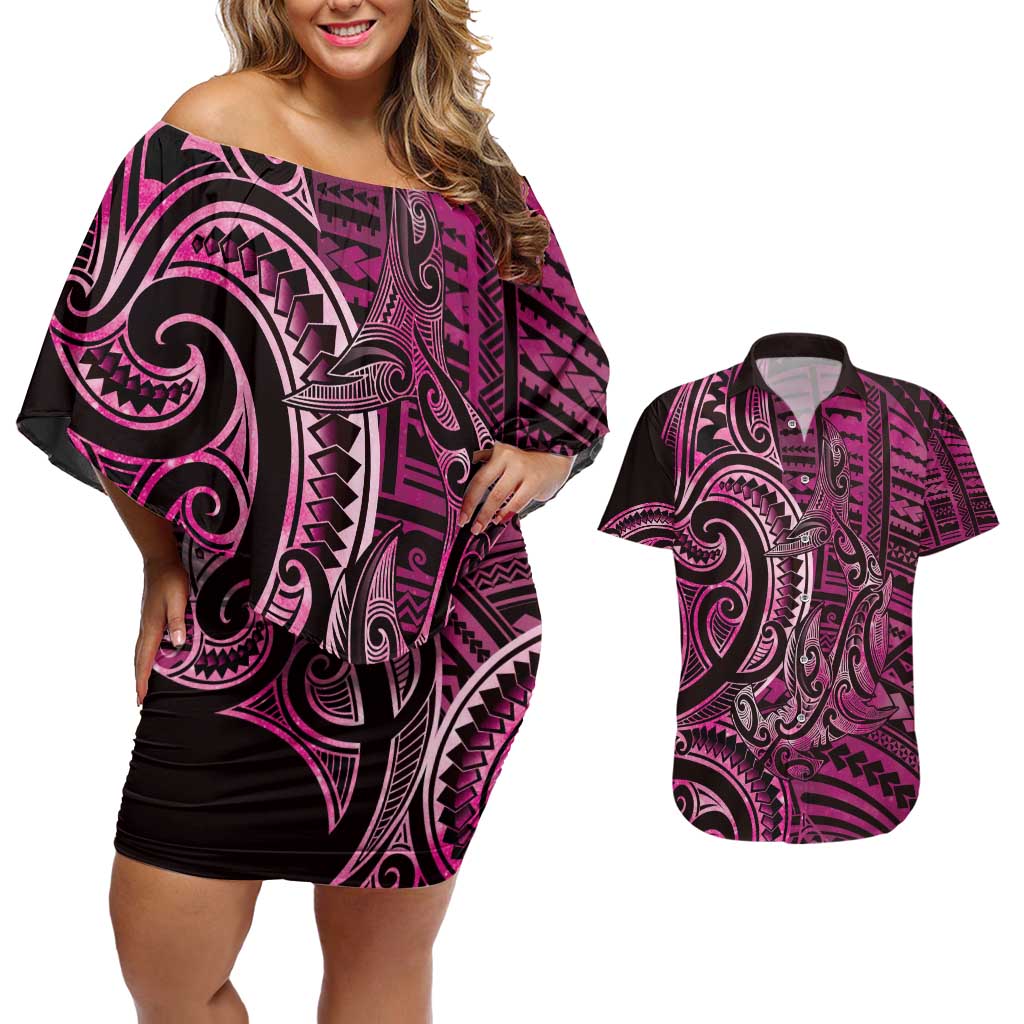 New Zealand Hammerhead Shark Couples Matching Off Shoulder Short Dress and Hawaiian Shirt Maori Haehae Mangopare Pink LT14 Pink - Polynesian Pride