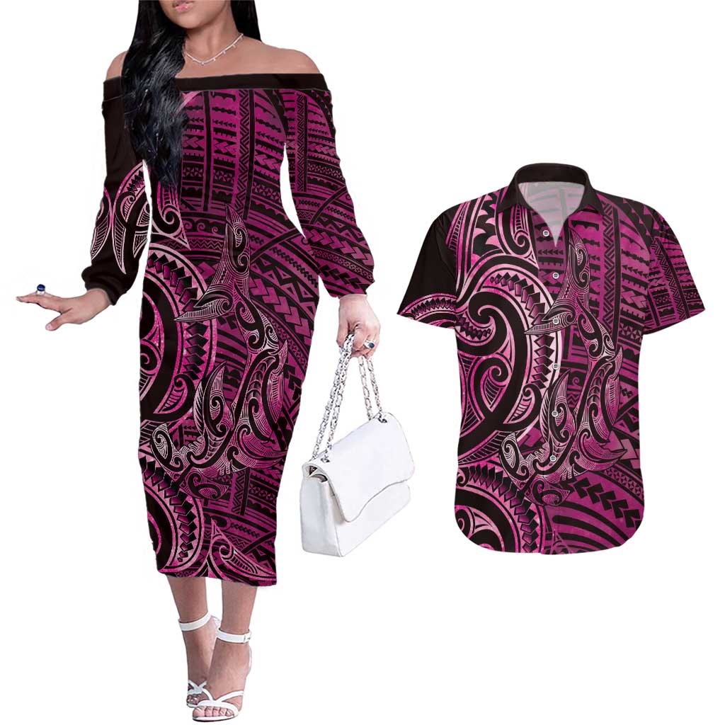 New Zealand Hammerhead Shark Couples Matching Off The Shoulder Long Sleeve Dress and Hawaiian Shirt Maori Haehae Mangopare Pink LT14 Pink - Polynesian Pride