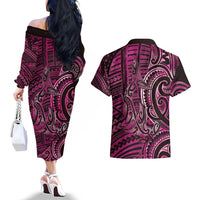 New Zealand Hammerhead Shark Couples Matching Off The Shoulder Long Sleeve Dress and Hawaiian Shirt Maori Haehae Mangopare Pink LT14 - Polynesian Pride