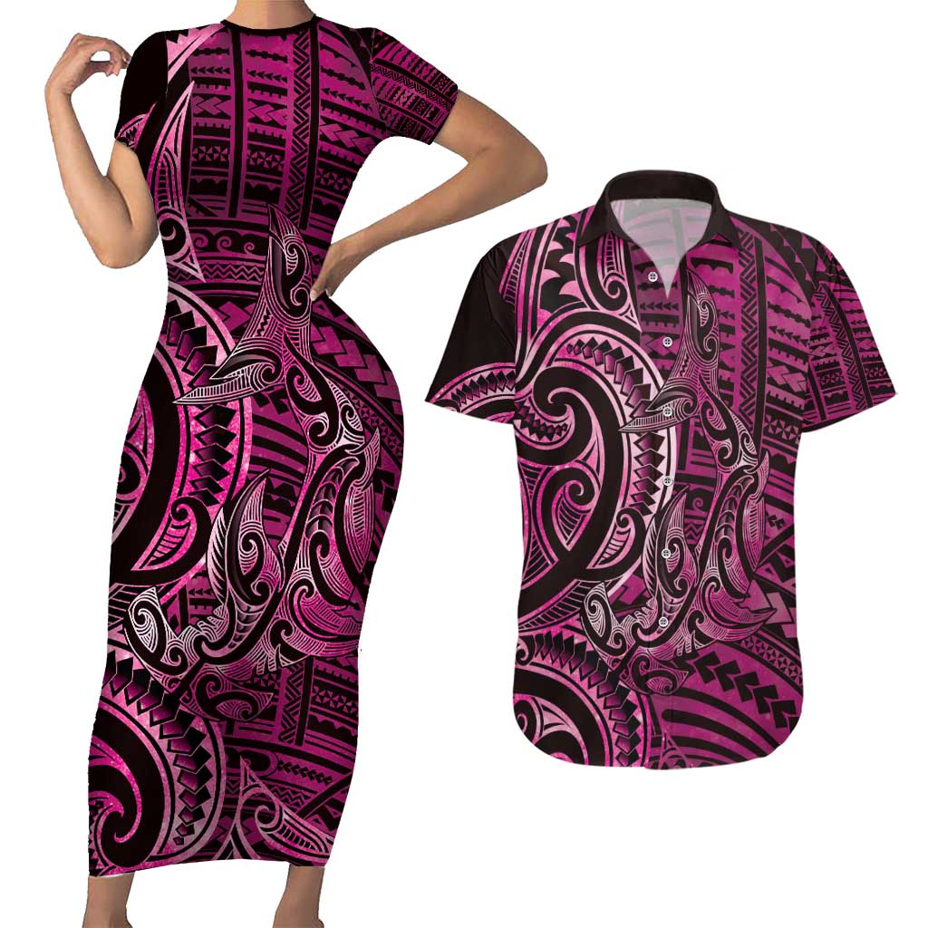 New Zealand Hammerhead Shark Couples Matching Short Sleeve Bodycon Dress and Hawaiian Shirt Maori Haehae Mangopare Pink LT14 Pink - Polynesian Pride