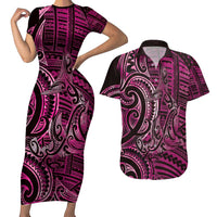 New Zealand Hammerhead Shark Couples Matching Short Sleeve Bodycon Dress and Hawaiian Shirt Maori Haehae Mangopare Pink LT14 Pink - Polynesian Pride