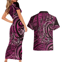 New Zealand Hammerhead Shark Couples Matching Short Sleeve Bodycon Dress and Hawaiian Shirt Maori Haehae Mangopare Pink LT14 - Polynesian Pride