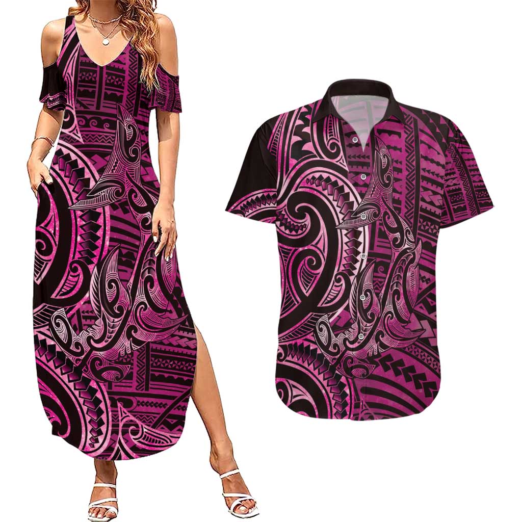 New Zealand Hammerhead Shark Couples Matching Summer Maxi Dress and Hawaiian Shirt Maori Haehae Mangopare Pink LT14 Pink - Polynesian Pride