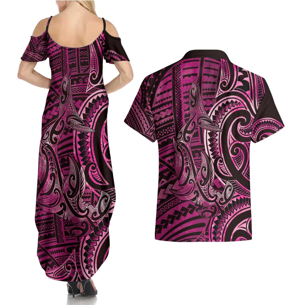 New Zealand Hammerhead Shark Couples Matching Summer Maxi Dress and Hawaiian Shirt Maori Haehae Mangopare Pink LT14 - Polynesian Pride
