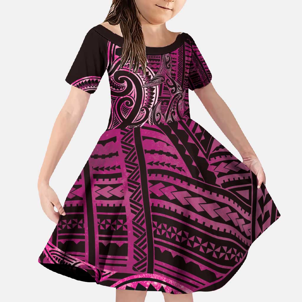 New Zealand Hammerhead Shark Family Matching Long Sleeve Bodycon Dress and Hawaiian Shirt Maori Haehae Mangopare Pink LT14 Daughter's Dress Pink - Polynesian Pride