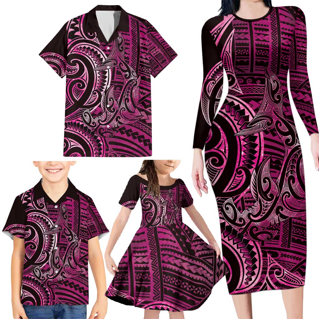 New Zealand Hammerhead Shark Family Matching Long Sleeve Bodycon Dress and Hawaiian Shirt Maori Haehae Mangopare Pink LT14 - Polynesian Pride