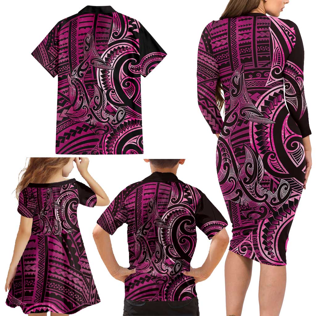 New Zealand Hammerhead Shark Family Matching Long Sleeve Bodycon Dress and Hawaiian Shirt Maori Haehae Mangopare Pink LT14 - Polynesian Pride
