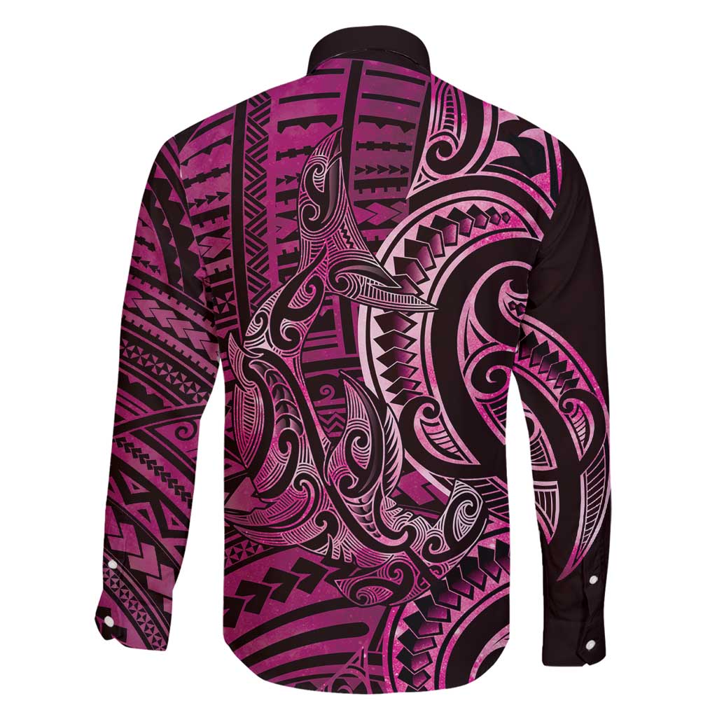 New Zealand Hammerhead Shark Family Matching Long Sleeve Bodycon Dress and Hawaiian Shirt Maori Haehae Mangopare Pink LT14 - Polynesian Pride