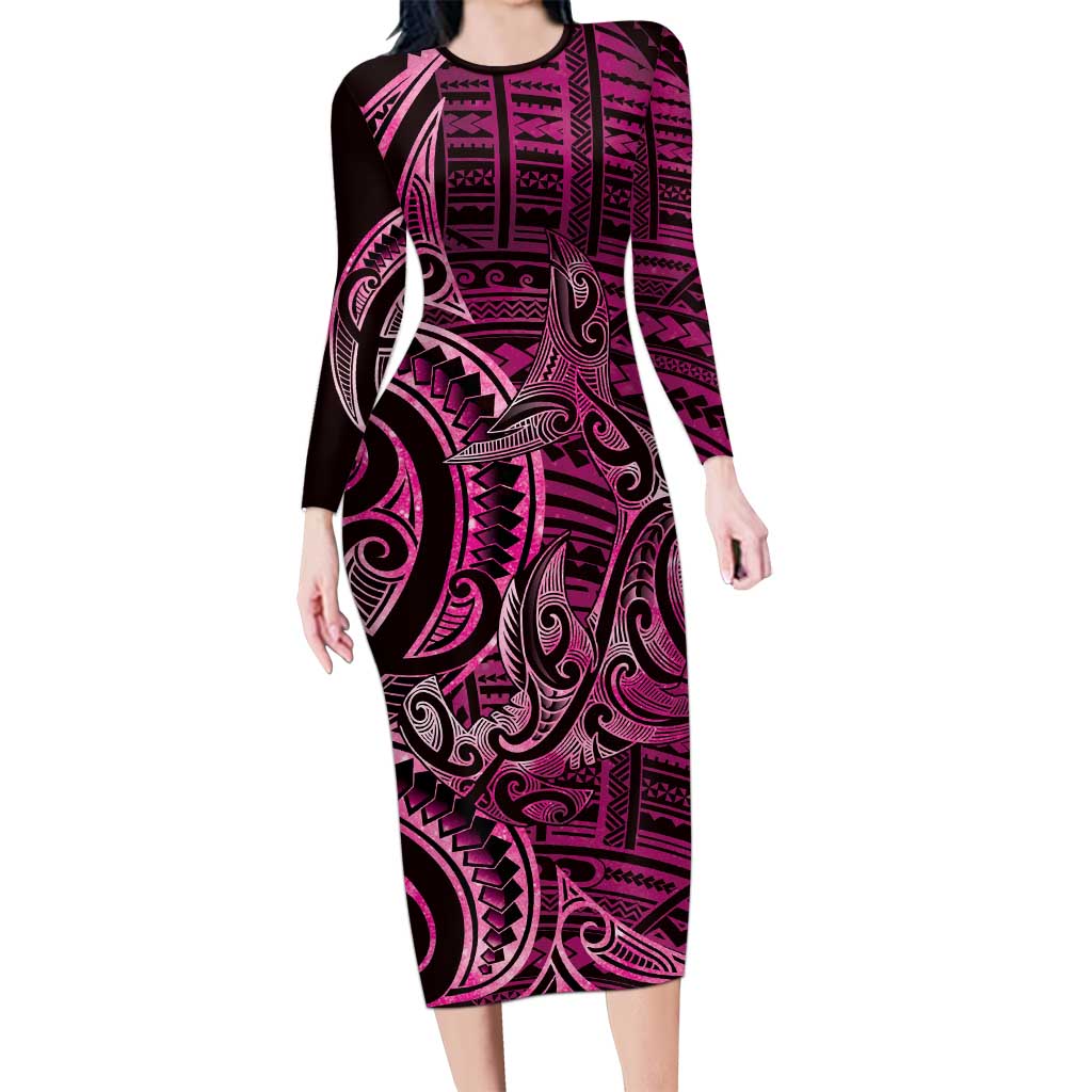 New Zealand Hammerhead Shark Family Matching Long Sleeve Bodycon Dress and Hawaiian Shirt Maori Haehae Mangopare Pink LT14 Mom's Dress Pink - Polynesian Pride