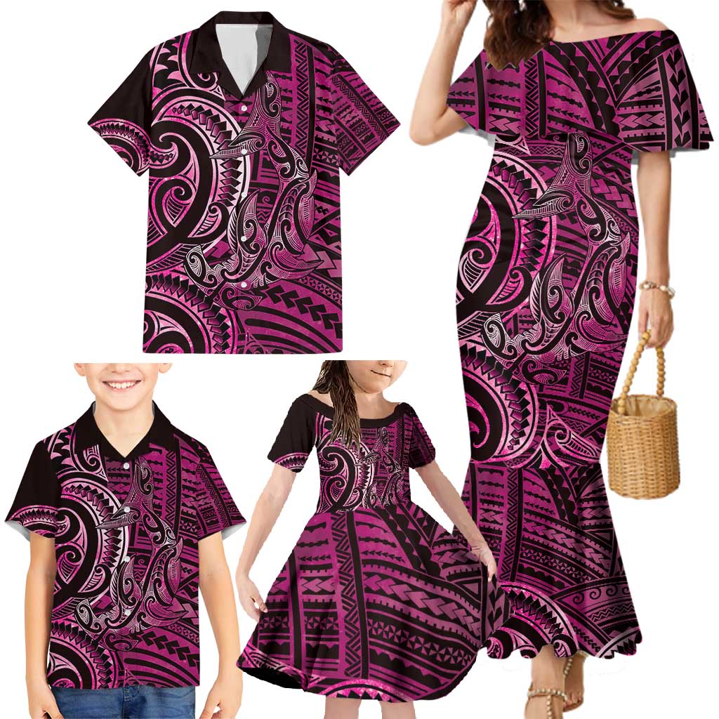 New Zealand Hammerhead Shark Family Matching Mermaid Dress and Hawaiian Shirt Maori Haehae Mangopare Pink - Polynesian Pride