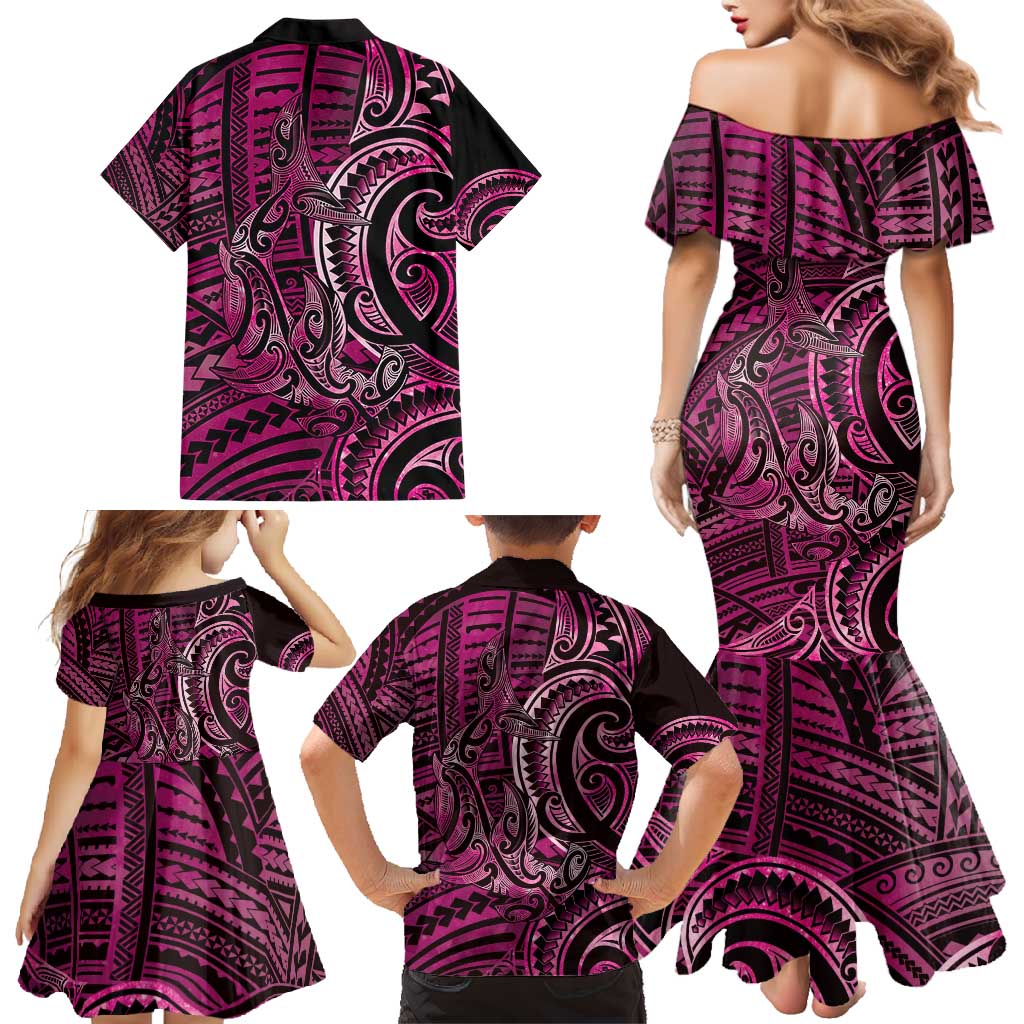 New Zealand Hammerhead Shark Family Matching Mermaid Dress and Hawaiian Shirt Maori Haehae Mangopare Pink LT14 - Polynesian Pride