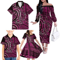 New Zealand Hammerhead Shark Family Matching Off The Shoulder Long Sleeve Dress and Hawaiian Shirt Maori Haehae Mangopare Pink LT14 - Polynesian Pride