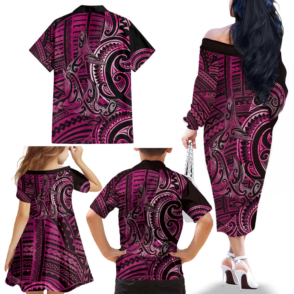 New Zealand Hammerhead Shark Family Matching Off The Shoulder Long Sleeve Dress and Hawaiian Shirt Maori Haehae Mangopare Pink LT14 - Polynesian Pride