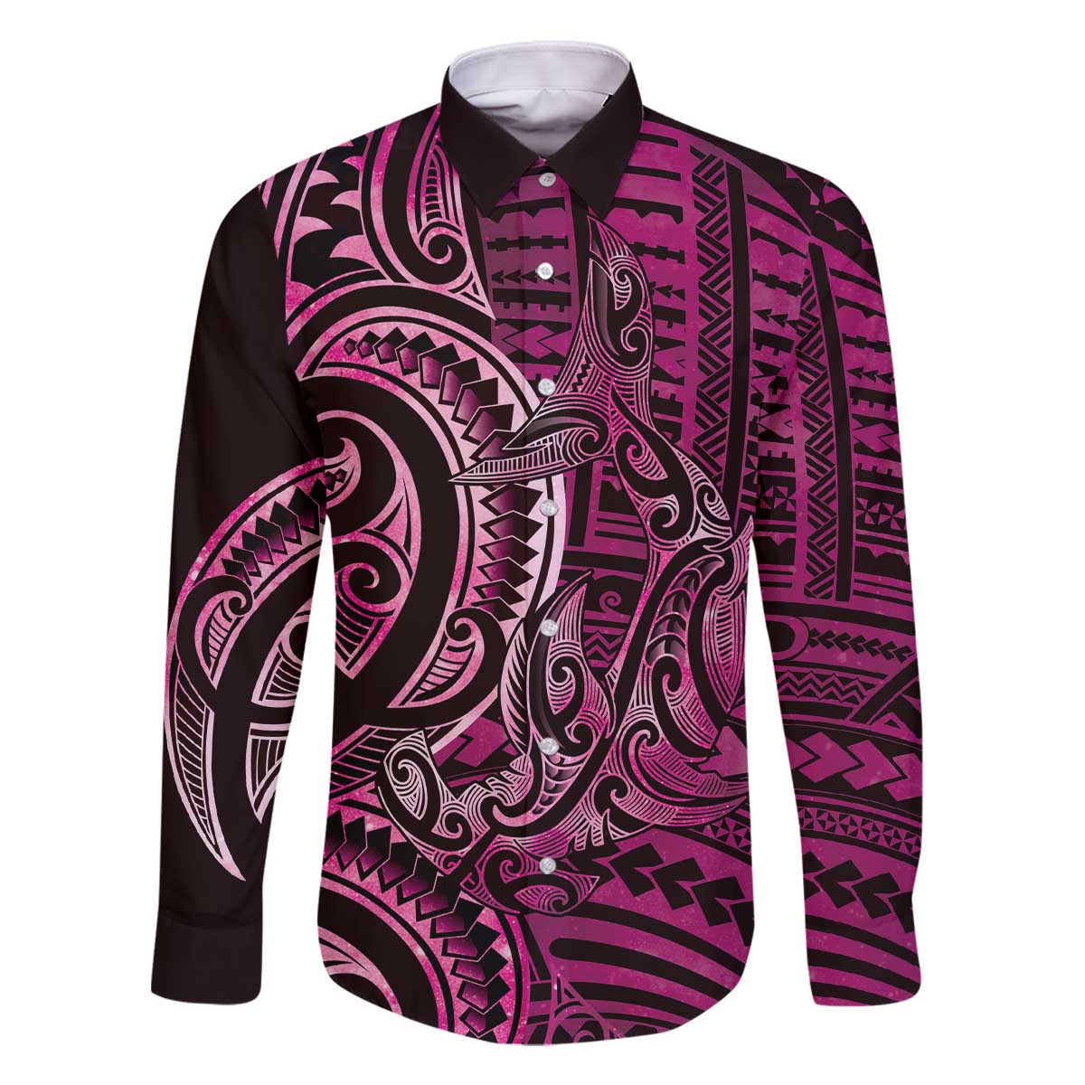 New Zealand Hammerhead Shark Family Matching Off The Shoulder Long Sleeve Dress and Hawaiian Shirt Maori Haehae Mangopare Pink LT14 Dad's Shirt - Long Sleeve Pink - Polynesian Pride