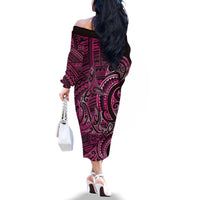 New Zealand Hammerhead Shark Family Matching Off The Shoulder Long Sleeve Dress and Hawaiian Shirt Maori Haehae Mangopare Pink LT14 - Polynesian Pride