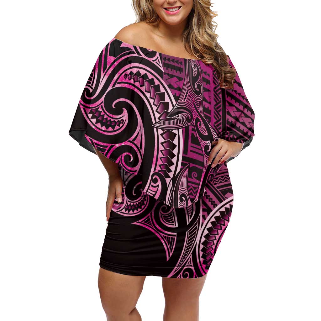 New Zealand Hammerhead Shark Family Matching Off Shoulder Short Dress and Hawaiian Shirt Maori Haehae Mangopare Pink LT14 Mom's Dress Pink - Polynesian Pride