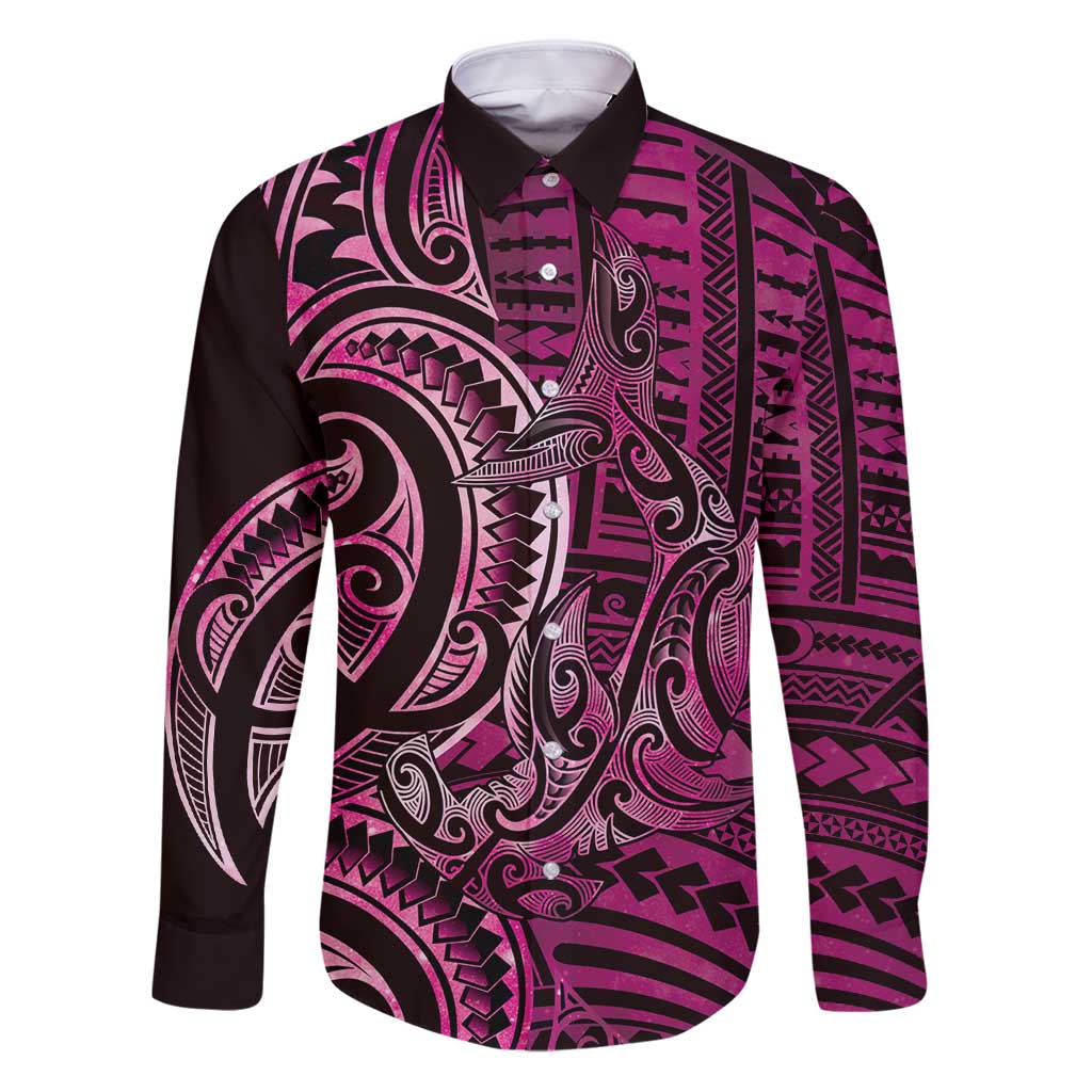 New Zealand Hammerhead Shark Family Matching Puletasi and Hawaiian Shirt Maori Haehae Mangopare Pink LT14 Dad's Shirt - Long Sleeve Pink - Polynesian Pride