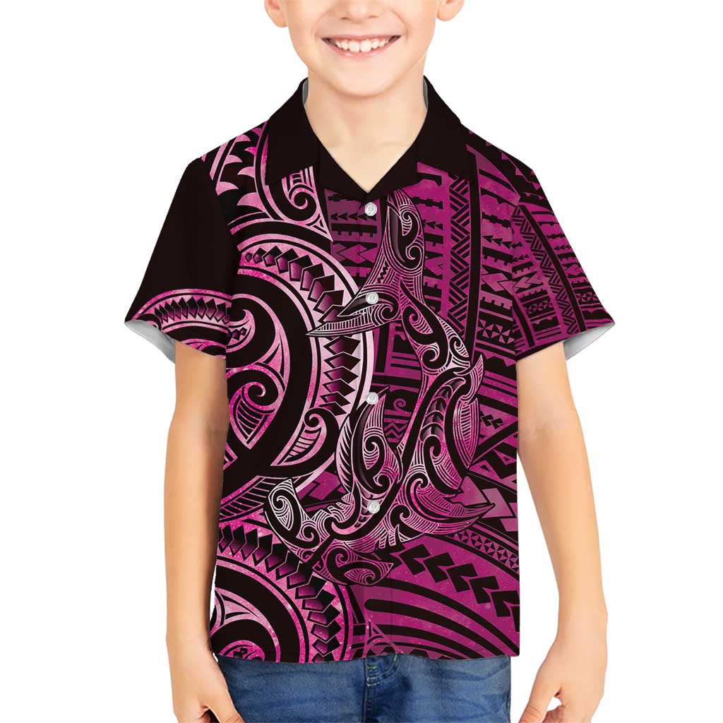 New Zealand Hammerhead Shark Family Matching Puletasi and Hawaiian Shirt Maori Haehae Mangopare Pink LT14 Son's Shirt Pink - Polynesian Pride