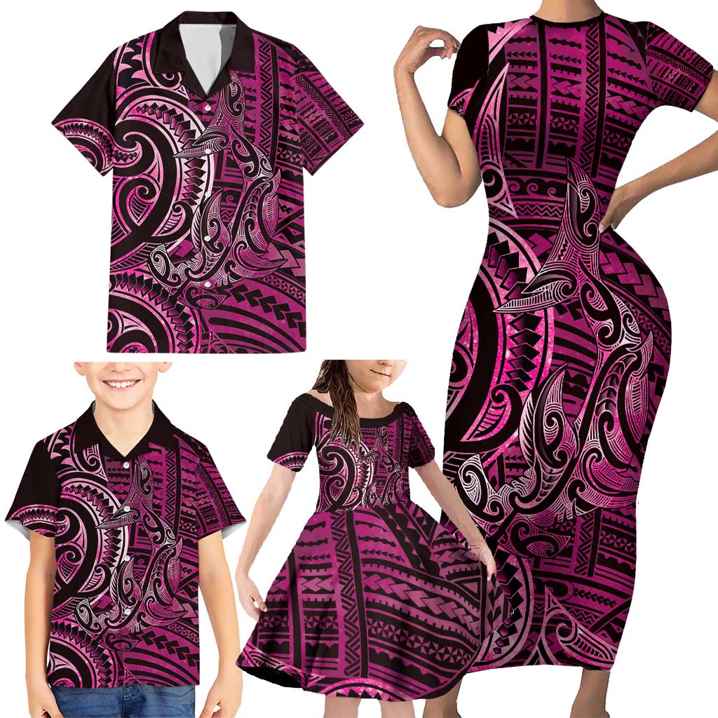 New Zealand Hammerhead Shark Family Matching Short Sleeve Bodycon Dress and Hawaiian Shirt Maori Haehae Mangopare Pink - Polynesian Pride