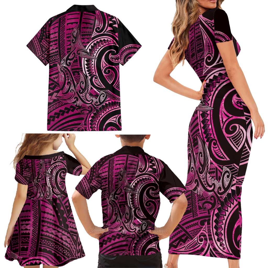 New Zealand Hammerhead Shark Family Matching Short Sleeve Bodycon Dress and Hawaiian Shirt Maori Haehae Mangopare Pink LT14 - Polynesian Pride