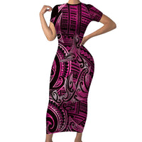 New Zealand Hammerhead Shark Family Matching Short Sleeve Bodycon Dress and Hawaiian Shirt Maori Haehae Mangopare Pink LT14 Mom's Dress Pink - Polynesian Pride