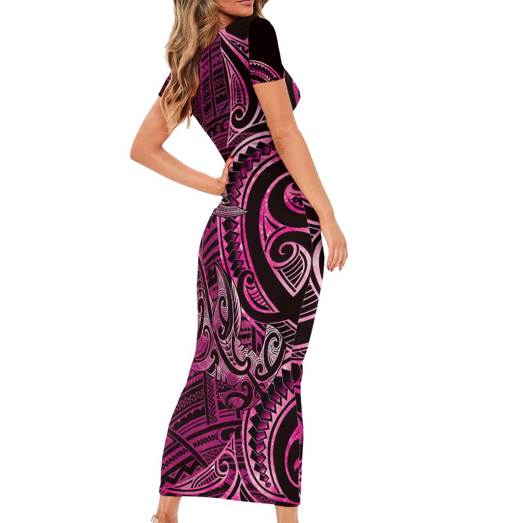 New Zealand Hammerhead Shark Family Matching Short Sleeve Bodycon Dress and Hawaiian Shirt Maori Haehae Mangopare Pink LT14 - Polynesian Pride
