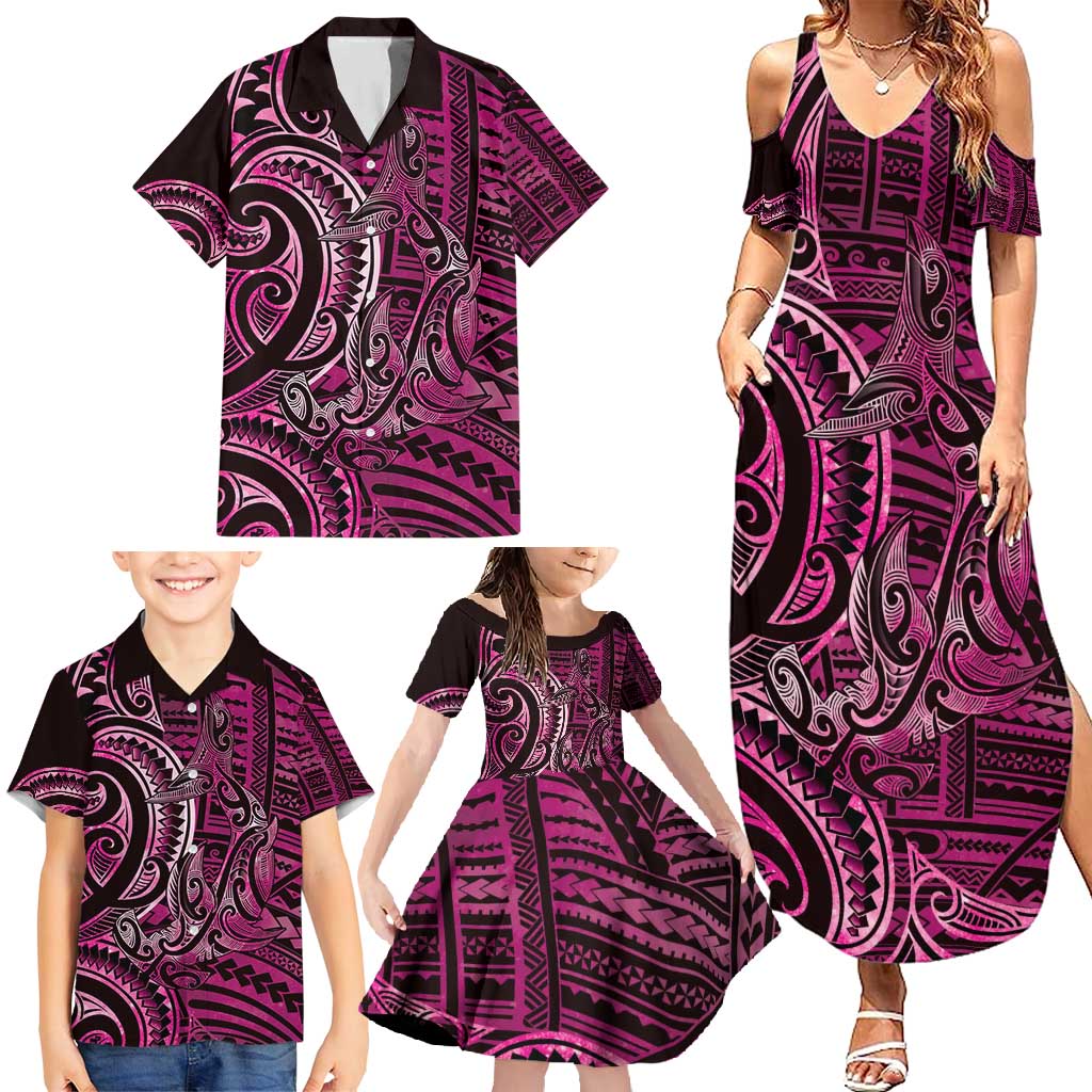 New Zealand Hammerhead Shark Family Matching Summer Maxi Dress and Hawaiian Shirt Maori Haehae Mangopare Pink - Polynesian Pride