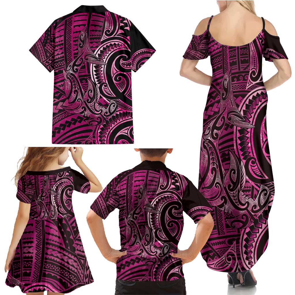 New Zealand Hammerhead Shark Family Matching Summer Maxi Dress and Hawaiian Shirt Maori Haehae Mangopare Pink LT14 - Polynesian Pride