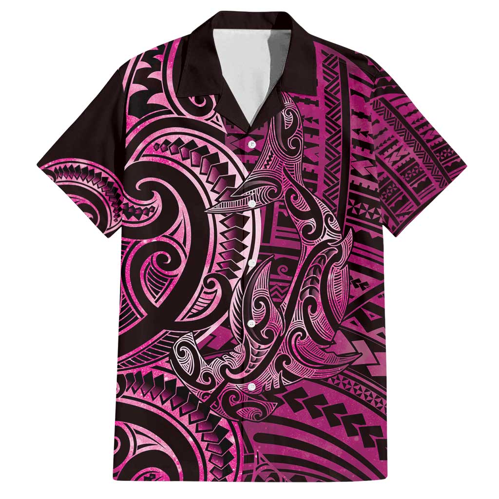 New Zealand Hammerhead Shark Family Matching Summer Maxi Dress and Hawaiian Shirt Maori Haehae Mangopare Pink LT14 Dad's Shirt - Short Sleeve Pink - Polynesian Pride