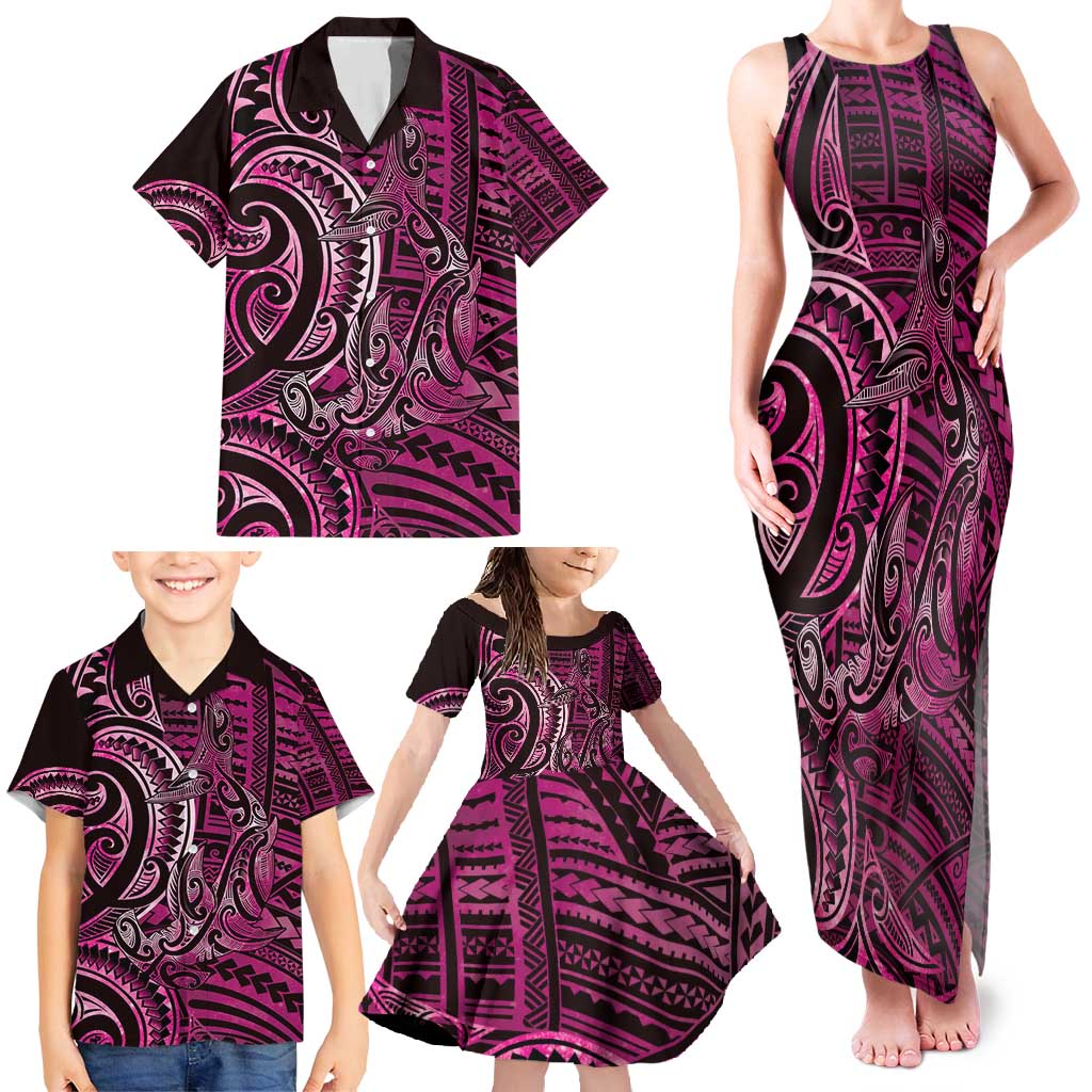 New Zealand Hammerhead Shark Family Matching Tank Maxi Dress and Hawaiian Shirt Maori Haehae Mangopare Pink LT14 - Polynesian Pride