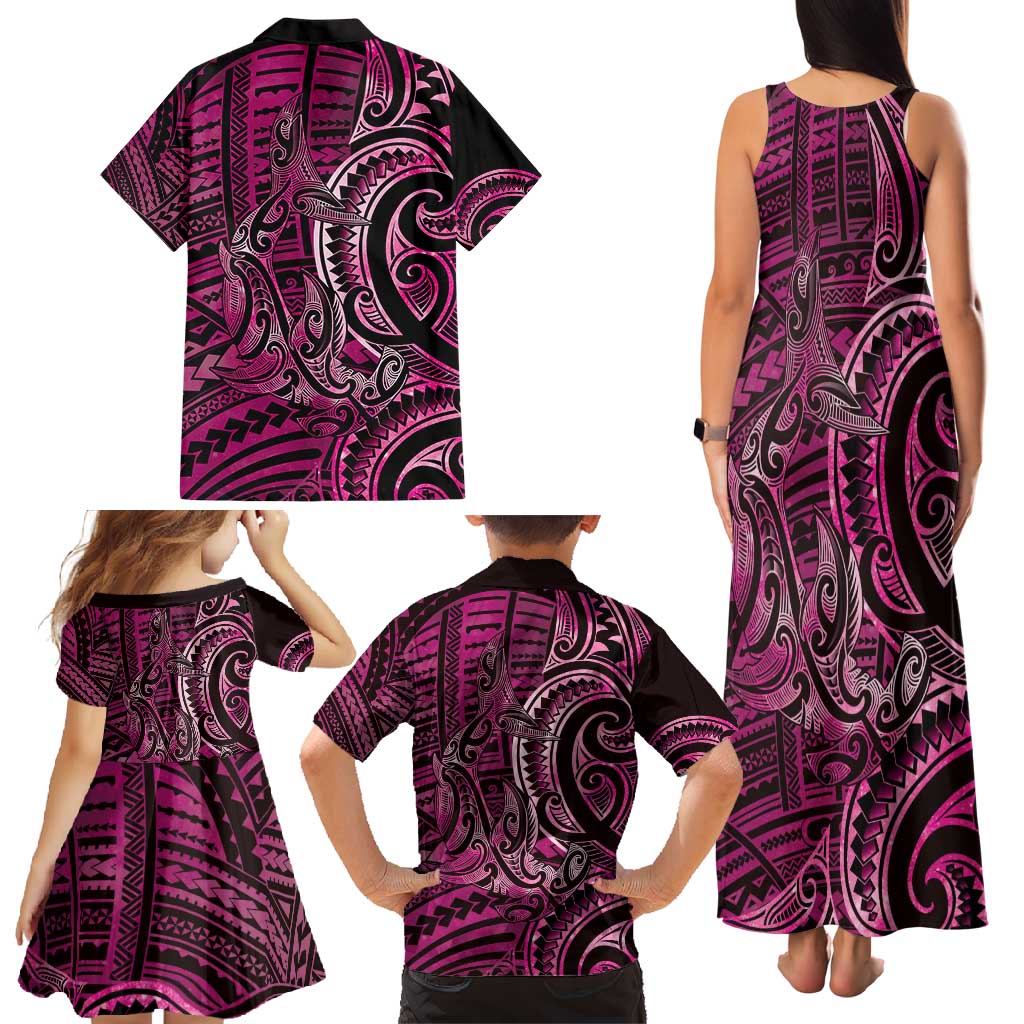 New Zealand Hammerhead Shark Family Matching Tank Maxi Dress and Hawaiian Shirt Maori Haehae Mangopare Pink LT14 - Polynesian Pride