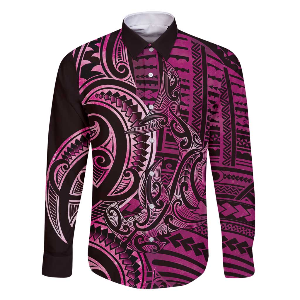 New Zealand Hammerhead Shark Family Matching Tank Maxi Dress and Hawaiian Shirt Maori Haehae Mangopare Pink LT14 Dad's Shirt - Long Sleeve Pink - Polynesian Pride