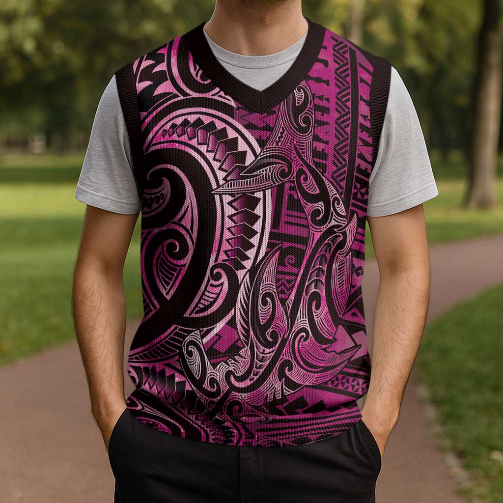 New Zealand Hammerhead Shark Christmas Knitted V-Neck Vest Maori Haehae Mangopare Pink - Polynesian Pride
