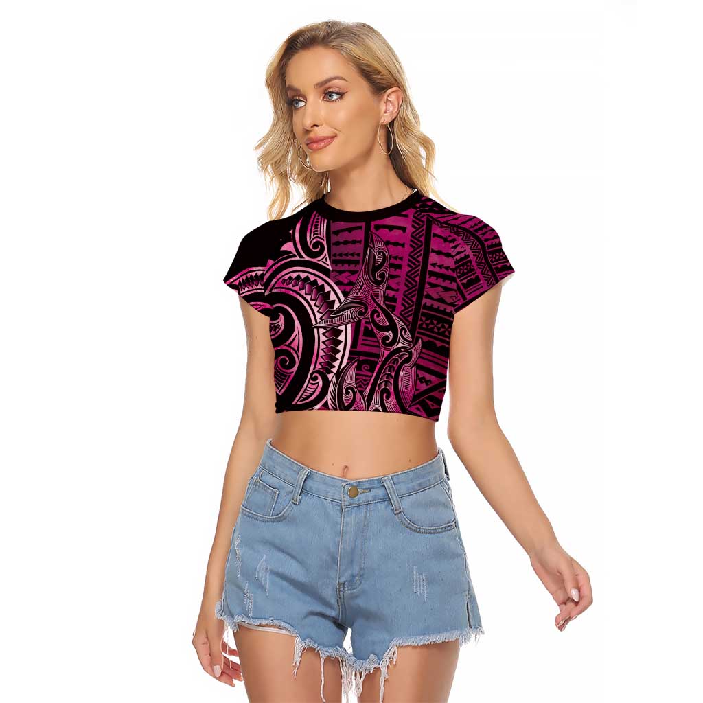 New Zealand Hammerhead Shark Raglan Cropped T Shirt Maori Haehae Mangopare Pink - Polynesian Pride