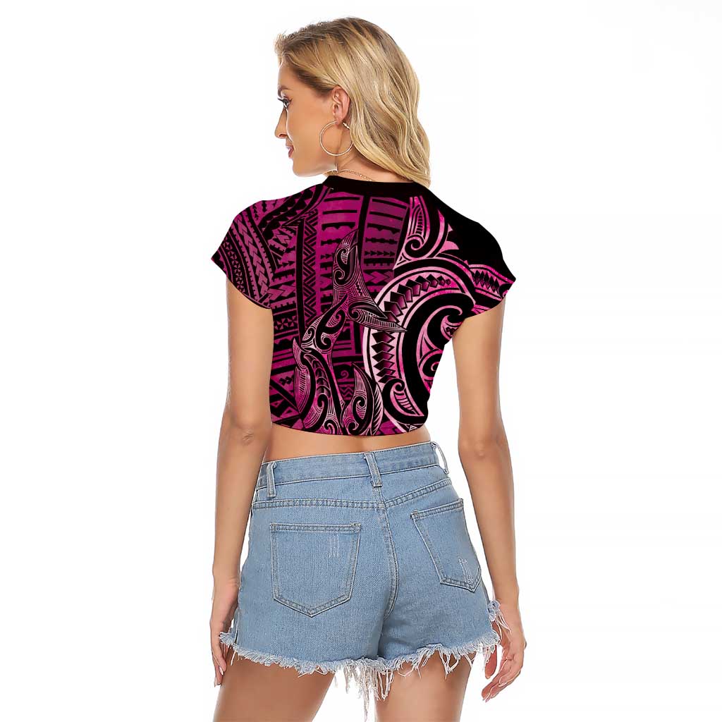 New Zealand Hammerhead Shark Raglan Cropped T Shirt Maori Haehae Mangopare Pink - Polynesian Pride