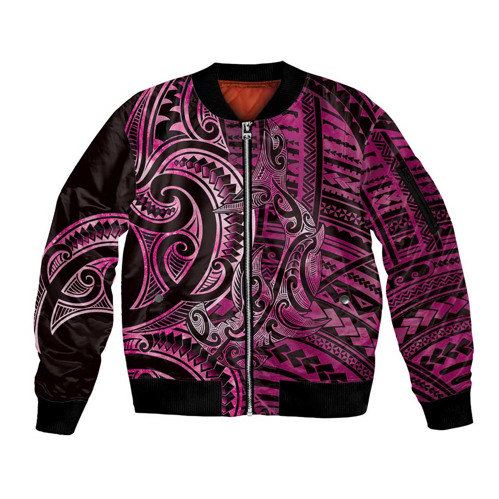 New Zealand Hammerhead Shark Sleeve Zip Bomber Jacket Maori Haehae Mangopare Pink - Polynesian Pride