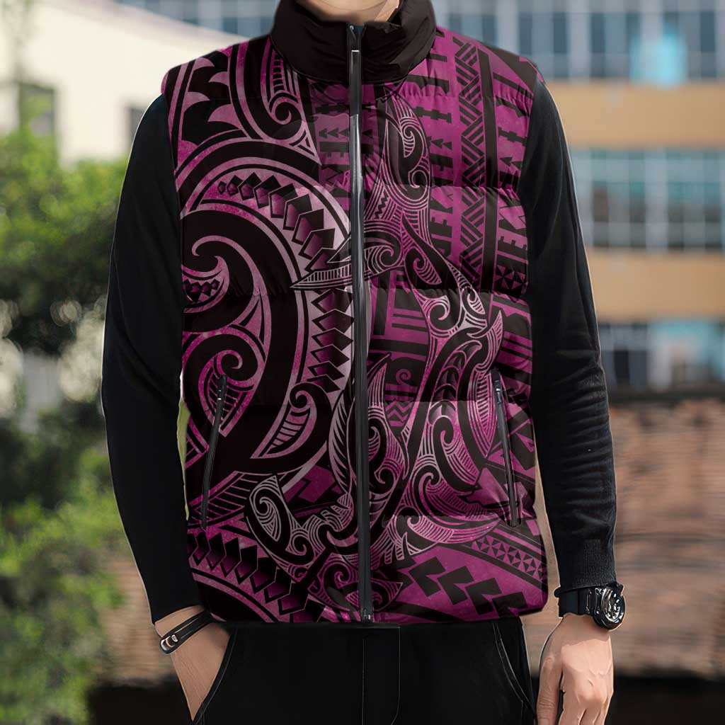 New Zealand Hammerhead Shark Sleeveless Puffer Jacket Maori Haehae Mangopare Pink - Polynesian Pride